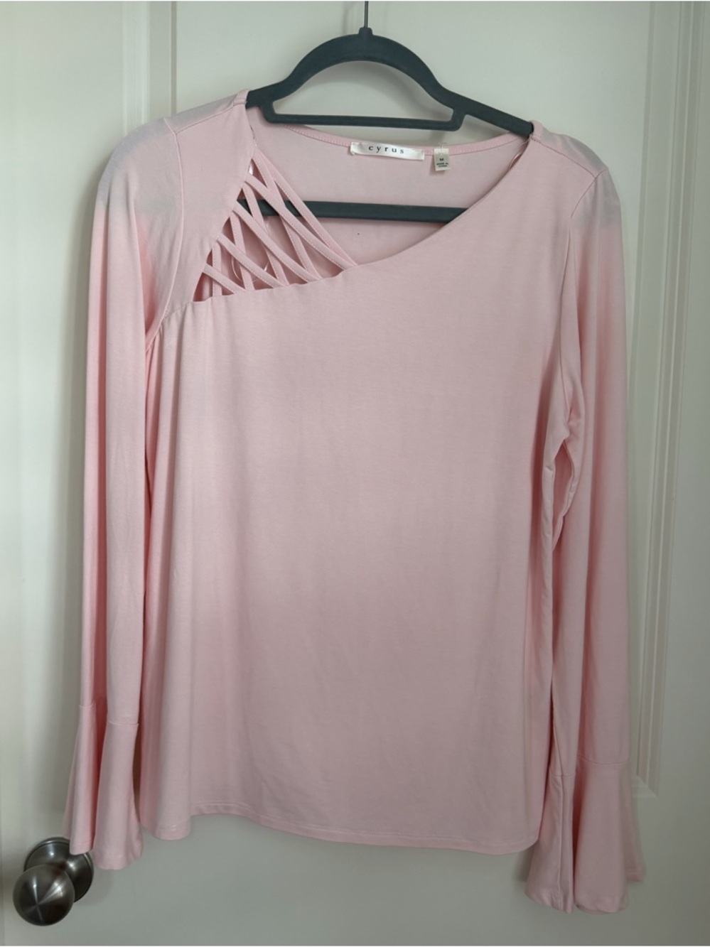 Cyrus Light Pink Long Sleeve Top with Lattice Shoulder Detail